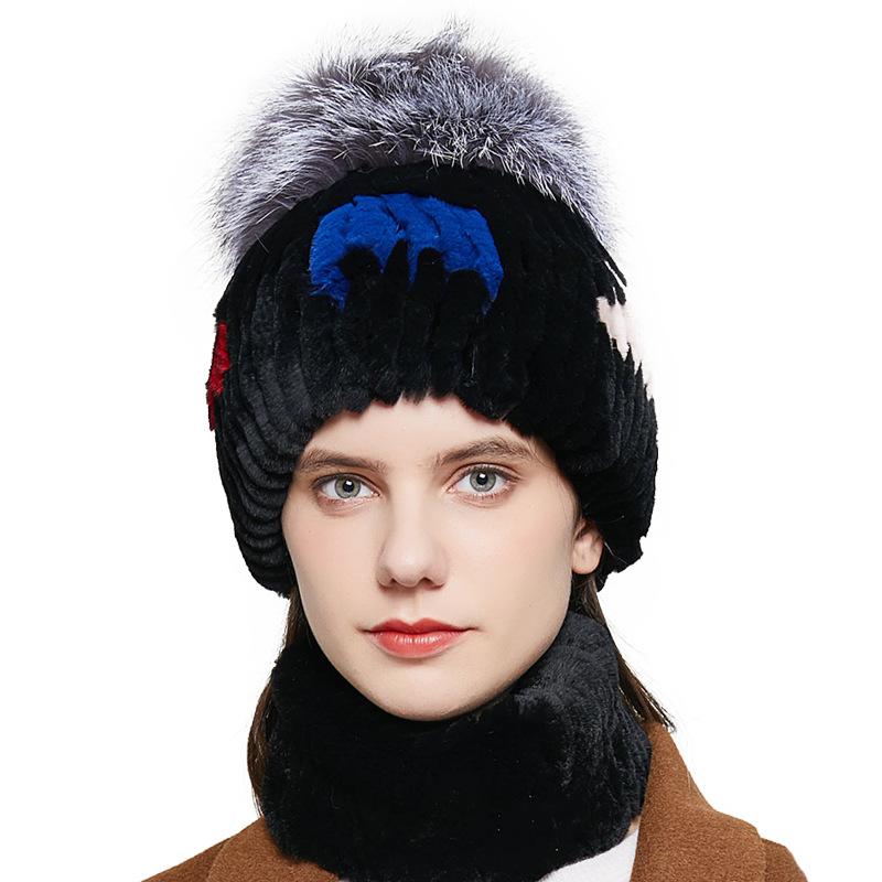 

HY-06 Popular Style Rex Fur Woven Women's Leather Straw Hat Fur Warm Thickened Autumn and Winter Women's Knitted Hat, Black scarf