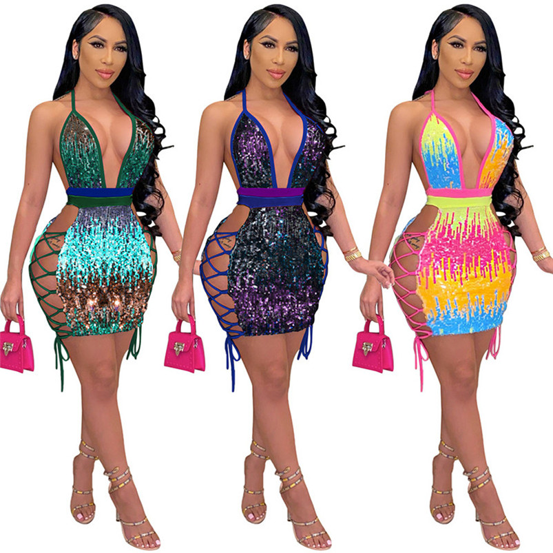 

Womens sleeveless dresses one piece set sexy bodycon mini sequins dress fashion panelled party evening night club dress klw0113, Mix color