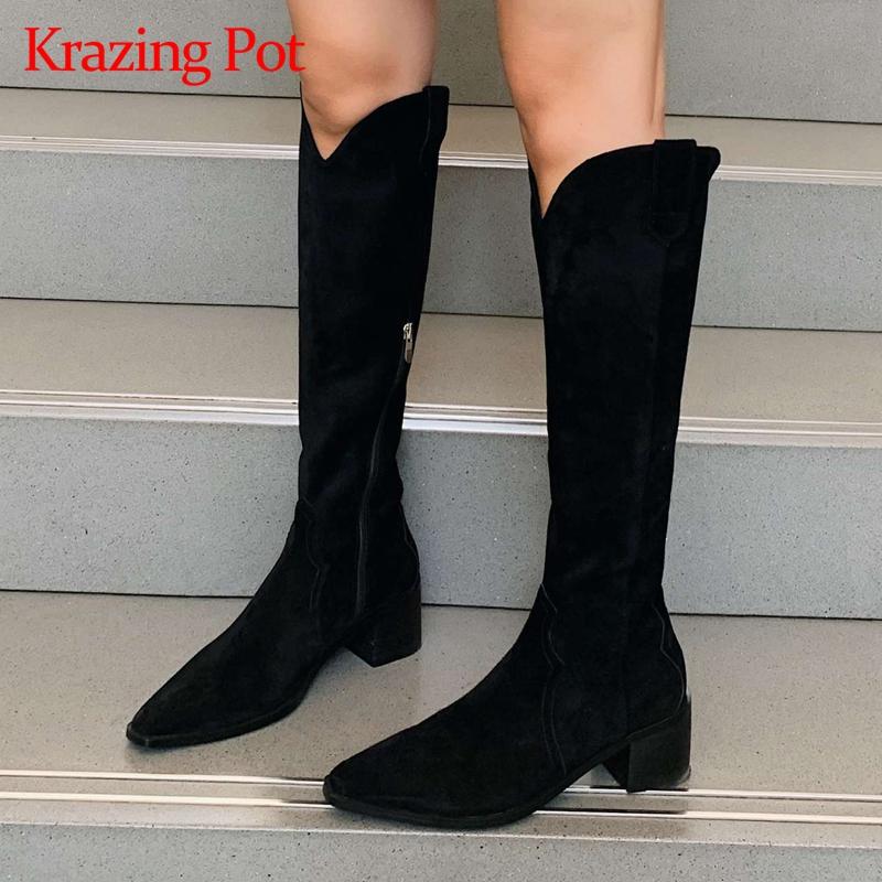 

Krazing pot 2020 new arrival flock pointed toe high heel western boots young lady casual winter keep warm knee-high boots L80, Black
