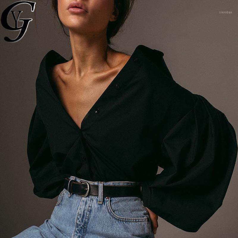 

Women' Blouses & Shirts 2021 High Quality Lantern Sleeve Cotton Blouse Women Casual Turn Down Collar Ladies Office Shirt Female Chic Tops1, Black