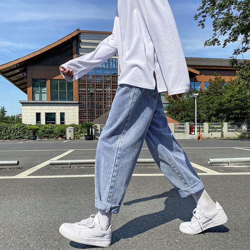 

Spring and Autumn Denim Pants Men's Korean Version Trend Loose Wide Leg Daddy Pants, Light blue