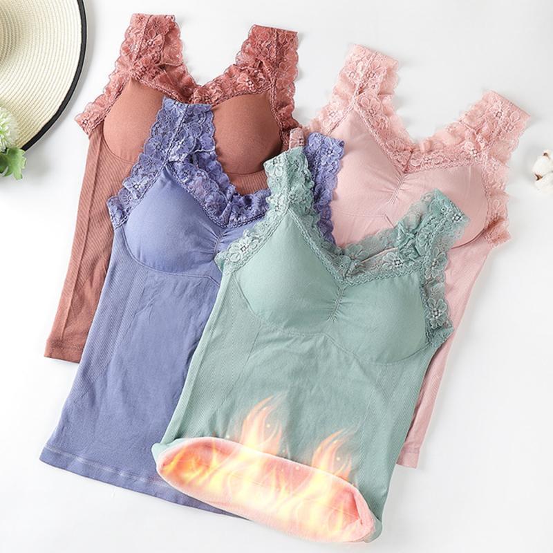 

Winter Lace Women Vest Underwear  Solid Padded Plush Warm Bottoming Camisole Fashion Thermal Female Lingerie1, Black