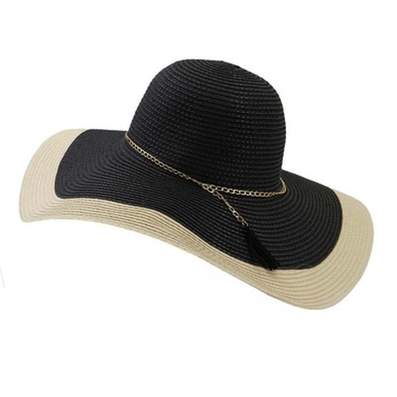 

sun hats women summer spring elegant luxury big brim 15cm straw hats chain band round top solid outdoor beach travel women, Black