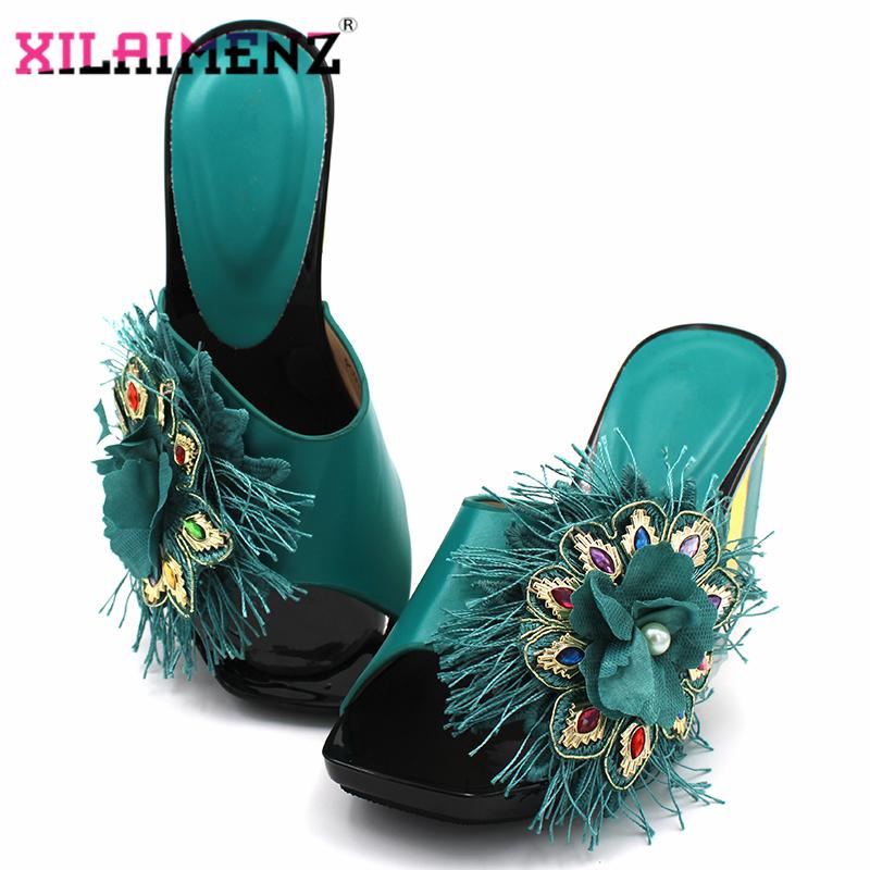 

2020 Fashionable High Quality African Women Shoes with Pearl in Teal Color Slingbacks Nigerian Slipper for Wedding, Black