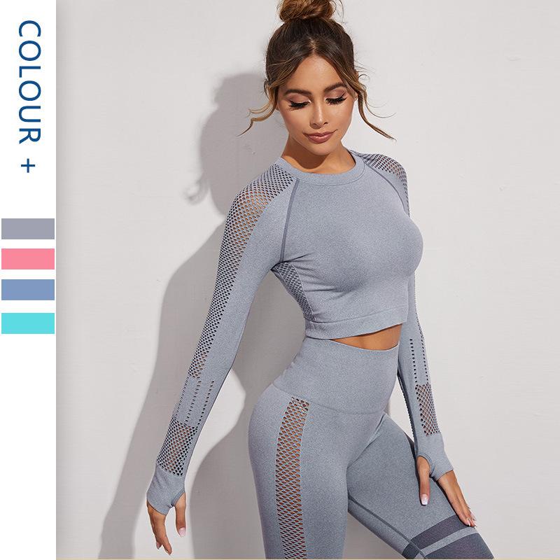 

2PCS Seamless Women Yoga Set Workout Sportswear Gym Clothing Fitness Long Sleeve Crop Top High Waist Leggings Sports Suits, Pink legging