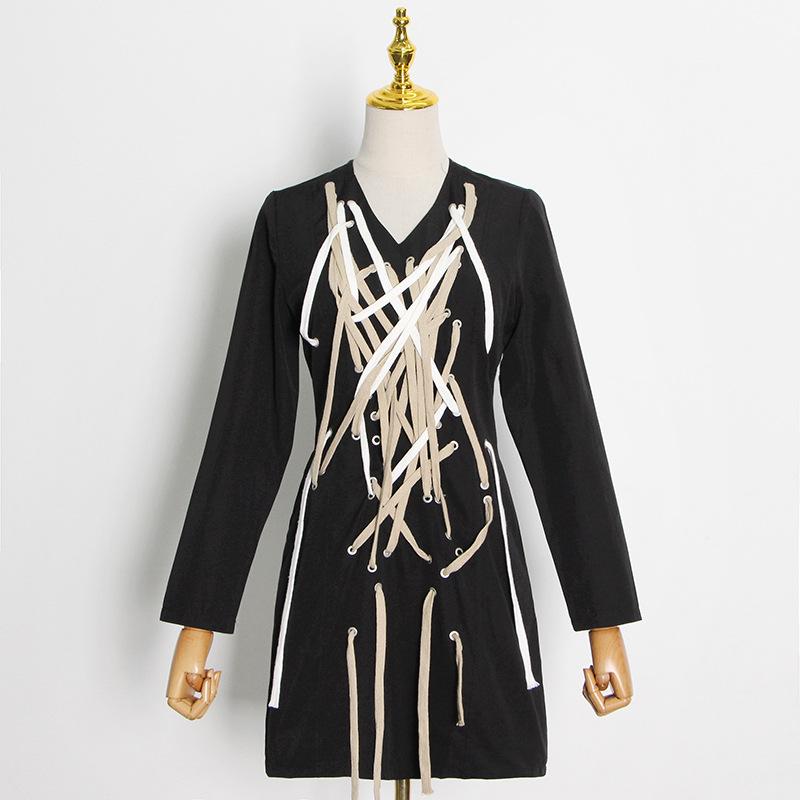 

2020 Winter New Fashion Woman Dress High Waist Strap Black Long Sleeve Elegant Short Dress Holiday Vacation Vestidos