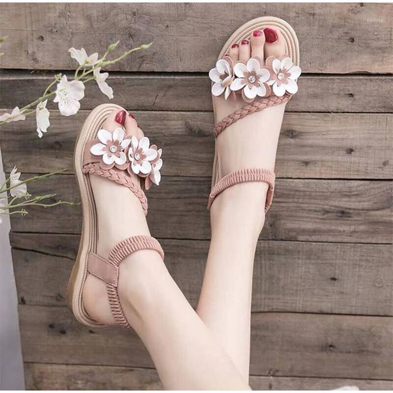 

Flower Elastic Band Women Sandals Ladies Flats Boho Non-Slip Chic Sweet Girl Student Woman Summer Shoes Casual Breathable 20201, Pink