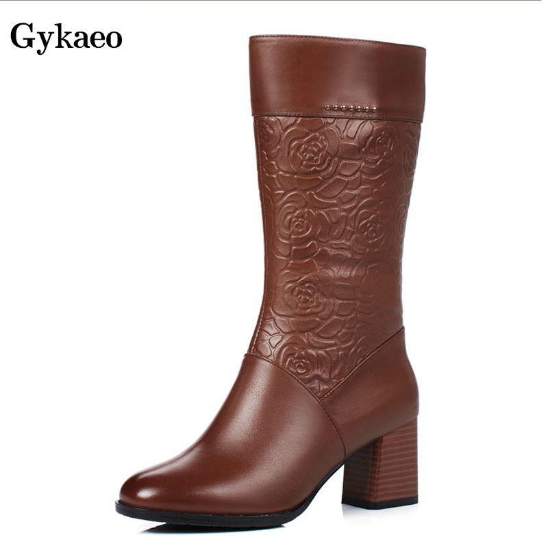 

Gykaeo Vintage PU Leather High Heels Mid Calf Women Boots Woman Zip Floral Plush Warm Shoes Ladies Botas Mujer Chaussures Femme, Black