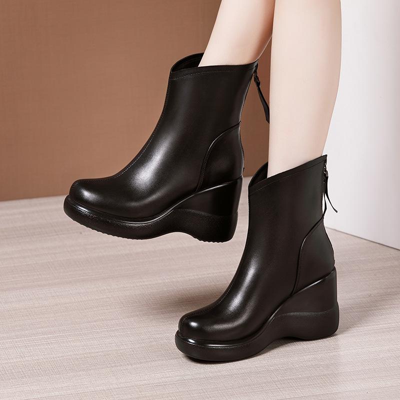

High Heel Ankle Boots Women Wedges Heel Black Back Zip Autumn And Winter Platform Shoes For Female, Winter inside plush