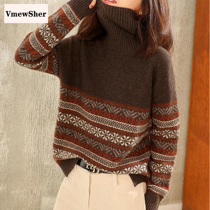 

VmewSher Winter New Turtleneck Cashmere Sweater Women Thick Short Paragraph Loose Knitted Bottoming Shirt Floral Pullovers 2020, Green