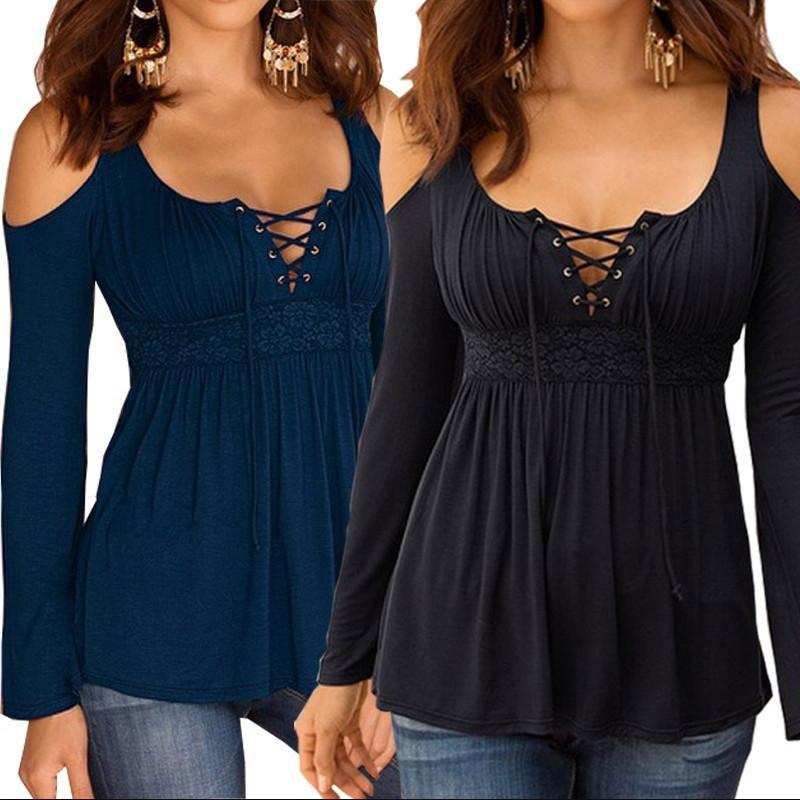 

Women Deep V Neck Tops Bandage Long Cold Sleeve shirt Casual Loose Blouse Tunic Tee