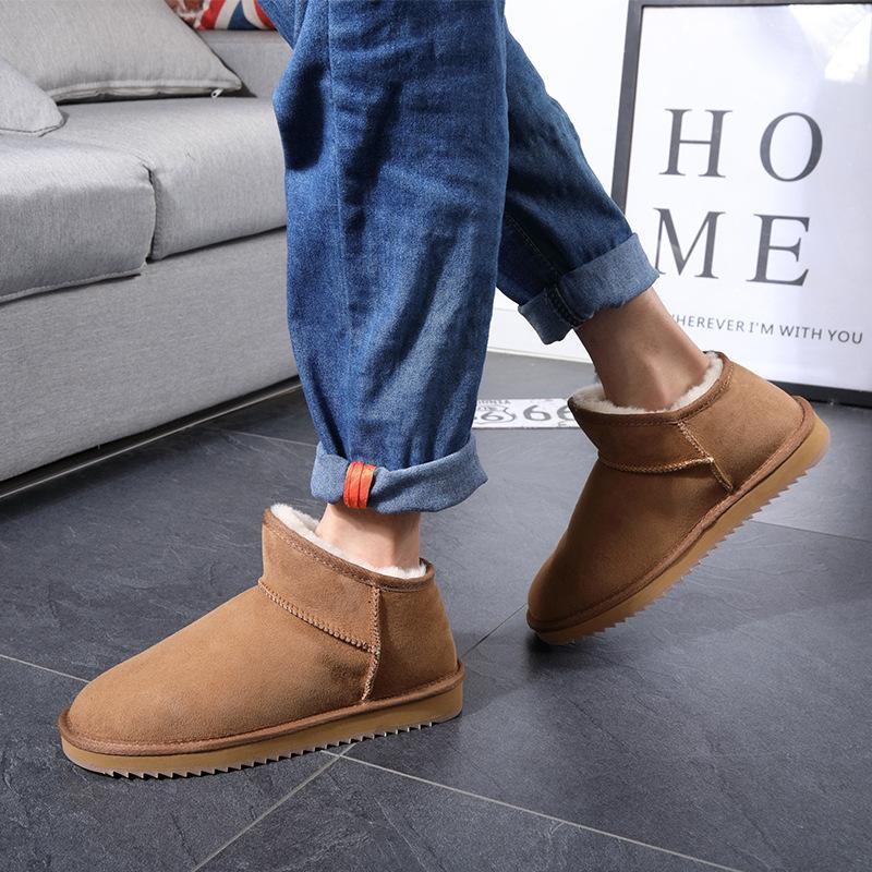 

Fashion Men Shoes Snow Boots Slip On Warm Wool Winter Boots 100% Natural Fur Ankle Real Sheepskin Leather Short1, Chestnut