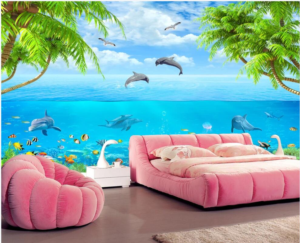 

3d wallpaper custom photo mural Blue sky seaside coconut palm dolphin landscape home decor 3d wall murals wallpaper for living room, Non-woven wallpaper