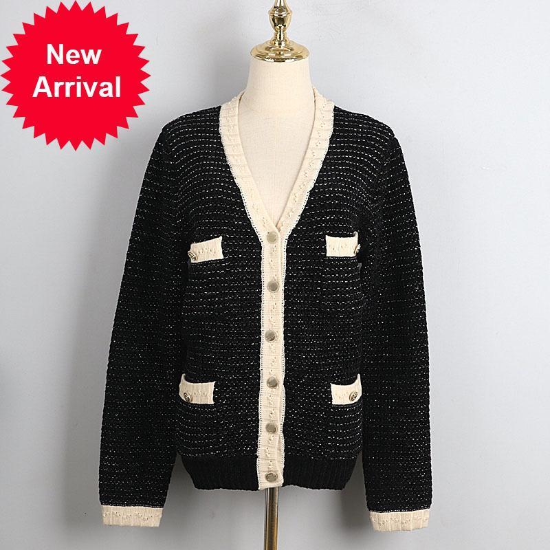 

Female 2021 New Winter New Retro Single-breasted Fashion Four Pocket Contrast Black and White Off Sweater Cardigans Clothes G0W0, Beige
