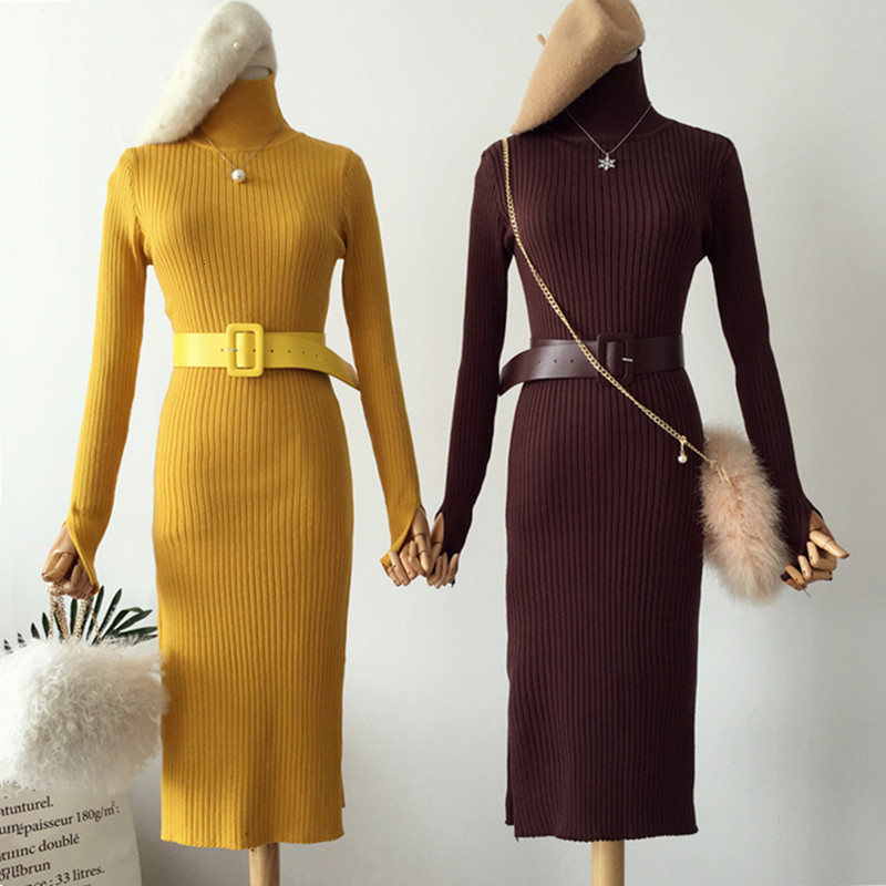 

2021 New Women Knitted Bodycon with Belt Autumn Winter Turtleneck Warm Long Sleeve Robe Femme Sheath Pullovers Sweater A655, Brown