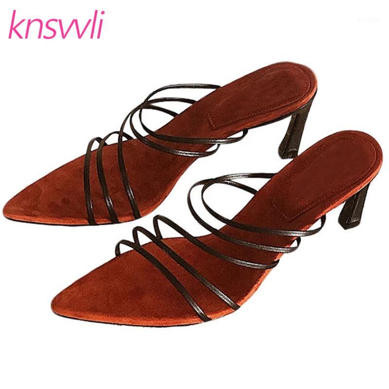 

Pointy Toe Mules High Heels Women Sandals Runway Leather Narrow Band Gladiator Summer Shoes Ladies Slides Brand Slippers Woman1, White