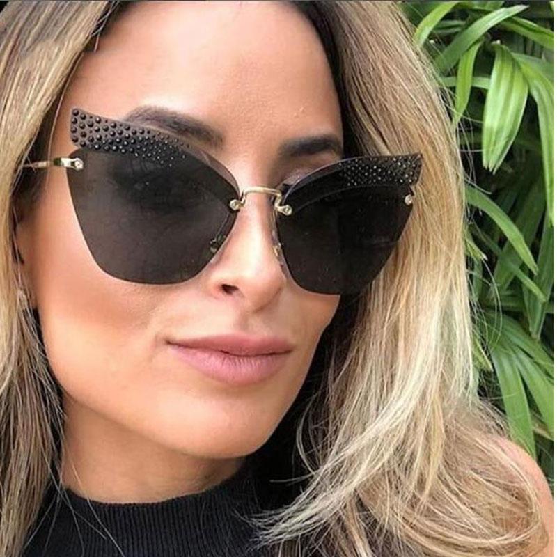 

Black Rimless Cat Eye Sunglasses Women Fashion Gradient Shades Rhinestone Big Sunglasses Female Metal Glasses UV400