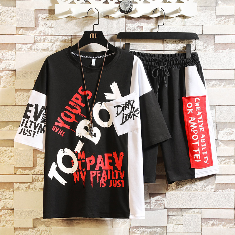 

Mens Tracksuit Japanese Streetwear Sets 2020 Summer Harajuku Patchwork T-Shirt Shorts Men Hip Hop Korean Clothes Male, White sets men