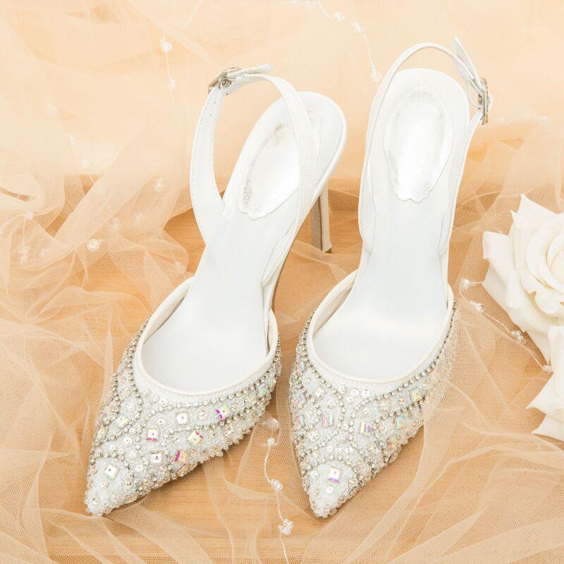

Pointed Toe Back Strap Women Pumps Crystal Studded Bridal Wedding Shoes White Slip On Slingback High Heel Stilettos1, As pic