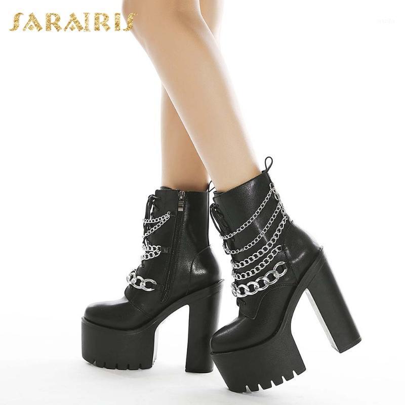 

Sarairis Hot Sale 2021 Chain Ultra High Heels Cool Motorcycle Boots Women Shoes Trendy INS Top Quality Luxury Boot Lady Shoe1, Black