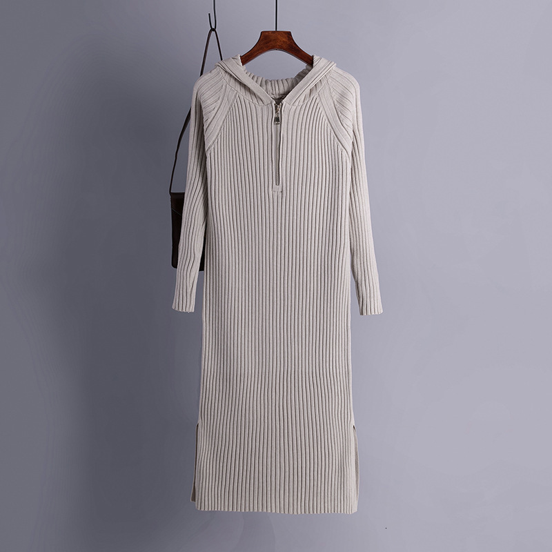 

2021 New Thicken Long Knit Straight Maxi Hooded Coarse Needle Women Sweater Elastic Jumper Christmas Party Midi Dress 1xrm, Khaki