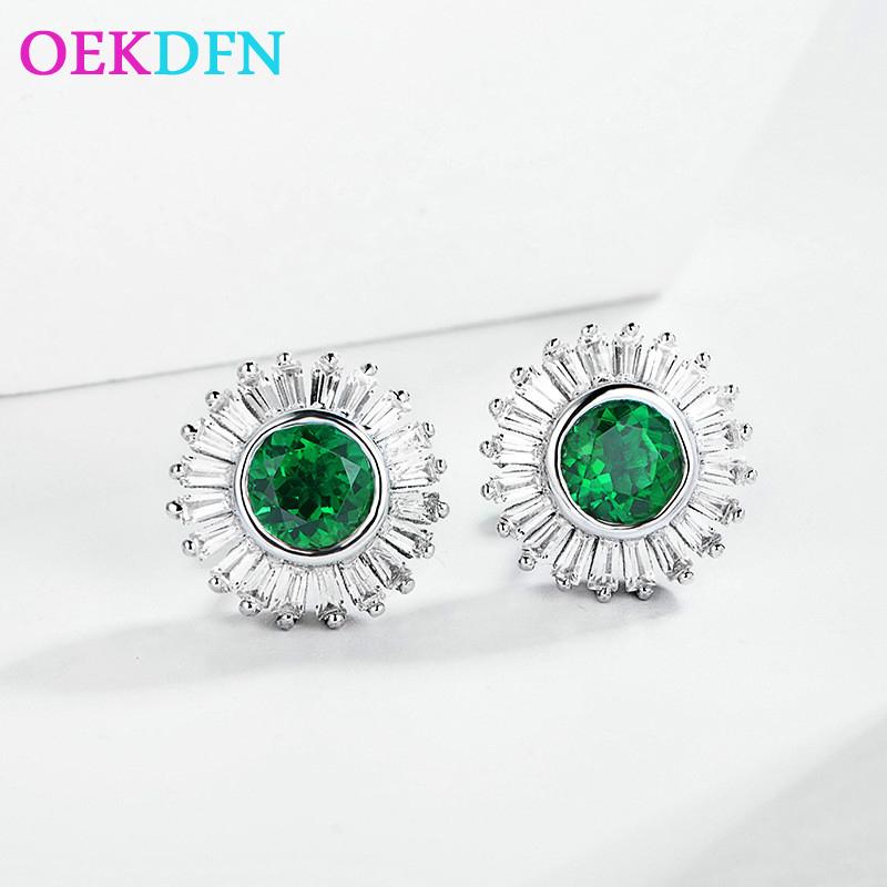 

OEKDFN 100% 925 Sterling Silver Earrings Emerald Created Moissanite Diamonds Gemstone Daisy Shape Earrings Ear Studs Jewelry