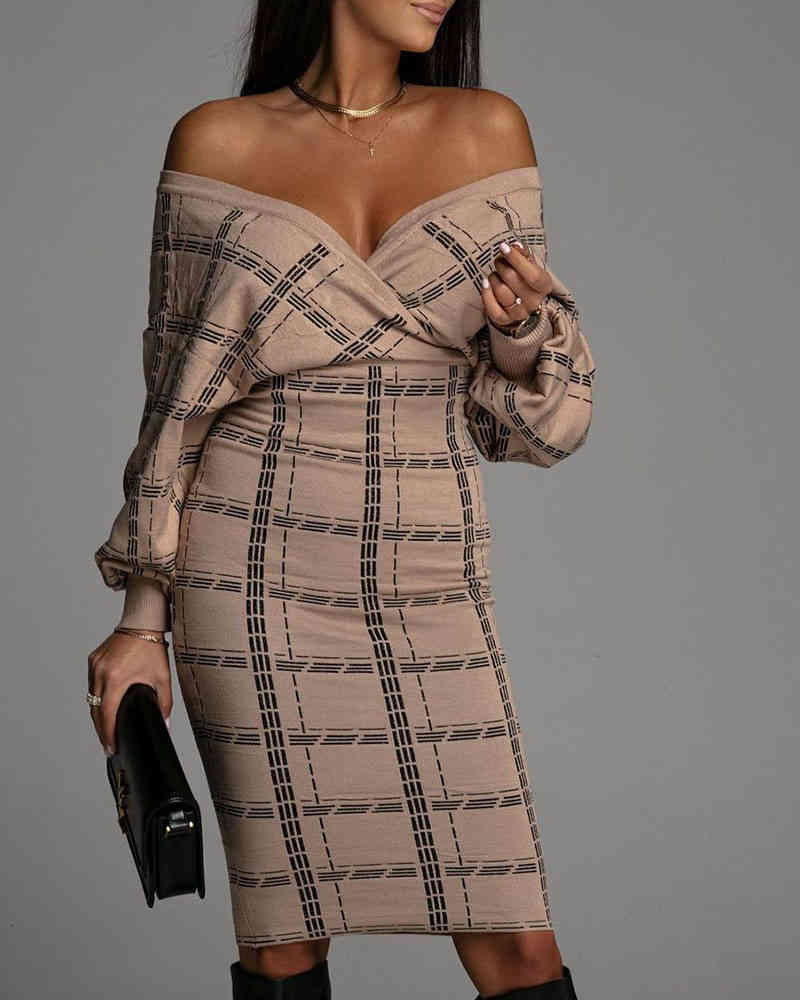 

Ladies Spring And Autumn Simple Fashion V-neck Long Sleeve Temperament Plaid Buttock Sexy Slim Dress, Black;gray