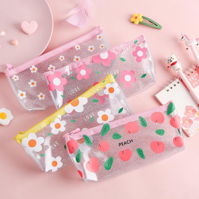 

Pink flower Pencil Case Transparent pencil cases for girls school supplies Japanese creative large capacity peach stationery bag1