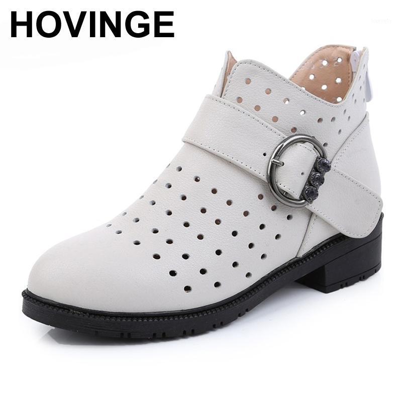 

HOVINGE Women Boots Genuine Leather Ankle Boots Hollow Summer Square High Heel Women Shoes1, Beige