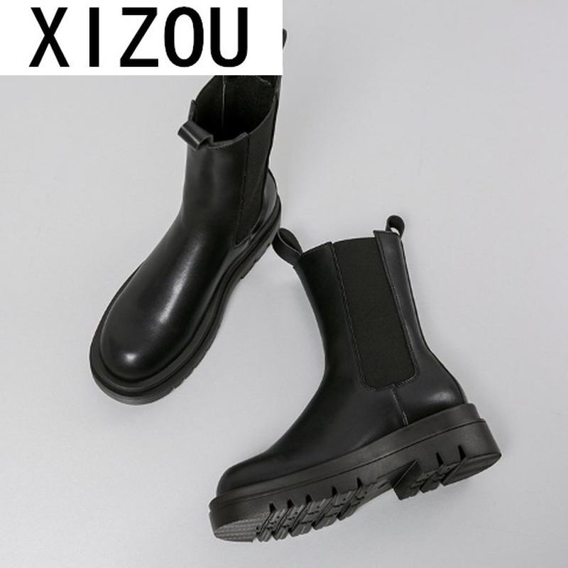 

2020 New Winter Women's Boots Fashion Thick Heel Mid Calf Boots Round Head Square Heel High Pu Women's Zapatos De Mujer, Black