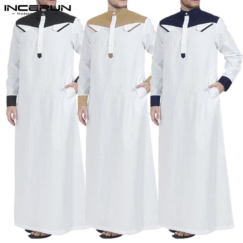 

INCERUN Muslim Men Arab Islamic Kaftan Patchwork Stand Collar Abaya Long Sleeve Fashion Saudi Arabia Men Jubba Thobe Plus Size, Red