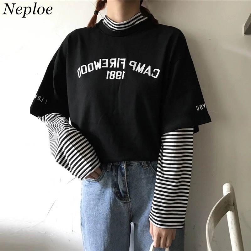 

Neploe Stripe Patchwork TShirt Half Turtleneck Tee Shirts Spring Long SLeeve Tops Shirt Women Fashion Causal Clothing 38114 Y200109, Black