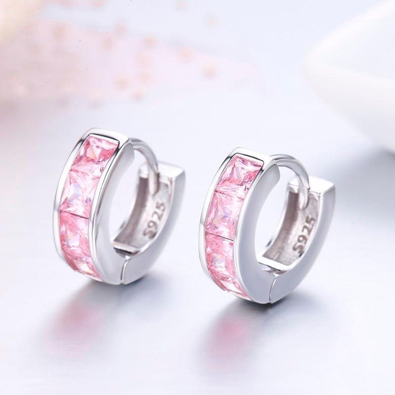 

925 Sterling Silver Pink Square CZ Circles Small Loops Huggie Hoops Earrings For Women Jewelry Kids Girls Aros Artes Orecchini1