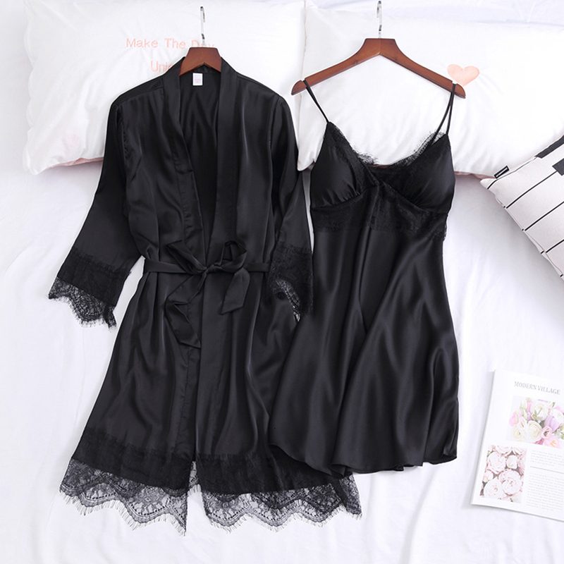 

2021 New Sets of Silk Pyjamas Spring Summer Solid Female Sexy Women's Low-cut Shirt with Lace Bathrobe Loose Sweater 84sh, Pink