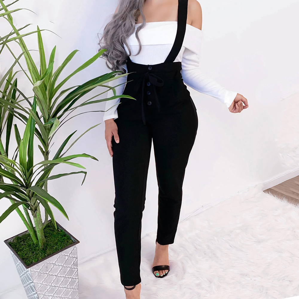 

Women Streetwear Long Pants Bandage Design Button Pockets Decor High Waist Pencil Pants Lady Slim Hips Shoulder Straps Trousers 201113, Khaki