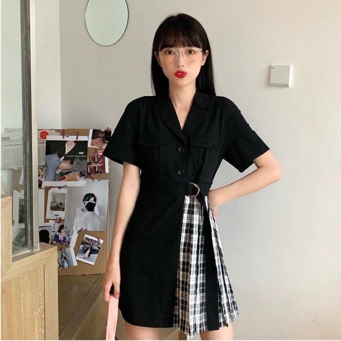 

2021 New Summer freight free waist thin suit uneven collar design short sleeve dress women's fashion 7FLI, Black