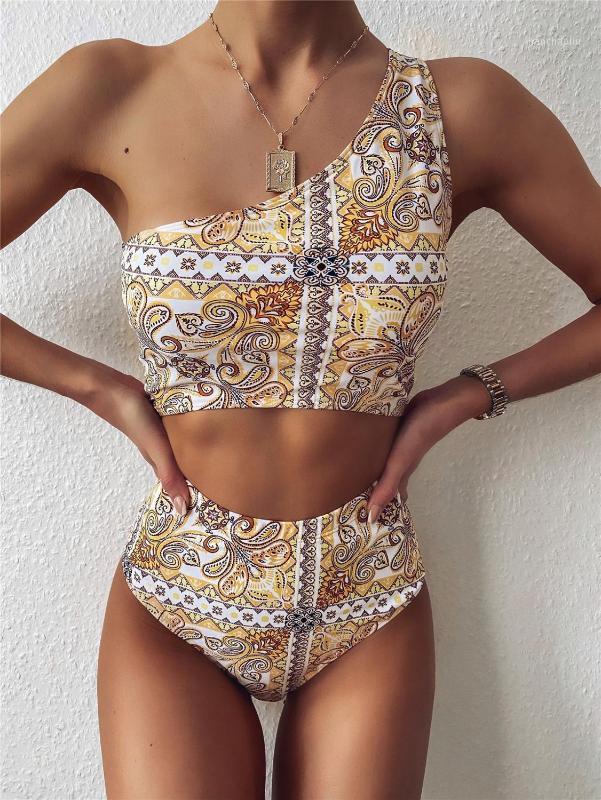 

Bikini Retro Print One Shoulder High Waist Bikini Suit Swimsuit Two Piece Swimsuit Beach Bath1