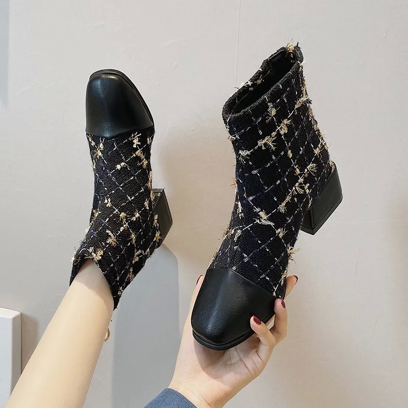 

2020 Winter Autumn Women Costume Tweed Ankle Boots Plaid Jacquard Fabric Booties Square Heeled Ladies Shoes Botas mujer 8866N #JC7r, Beige