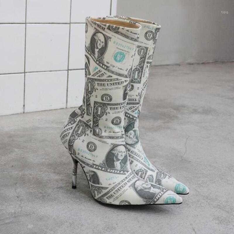 

Pointed Toe Women Boots High Thin Heel Ankle Boots Brand Designer Botas Feminina Dollars Pattern Stiletto Lady Spring Autumn1, As pic