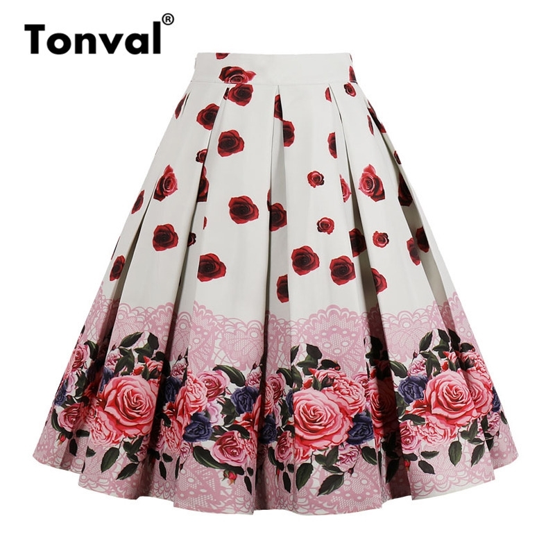 

Tonval High Waist Floral Pleated Skirts Womens Summer Red Rose Flower Women Vintage Skirt Midi Plus Size 4XL Skirts Y200326, Floral two