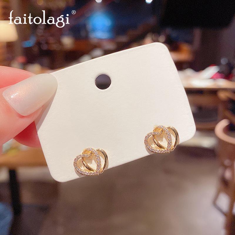 

Double Heart Rhinestone Stud Earrings For Women Gold Color Fashion Shiny Piercing Earrings Jewelry Girls Gift