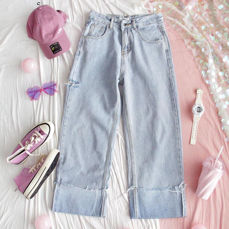 

2021Loose Ins Teen Girls Students Harajuku Korean Wild Vintag Hem Heans Wide-leg pants High waist Jeans Casual Nine Pants1, Blue