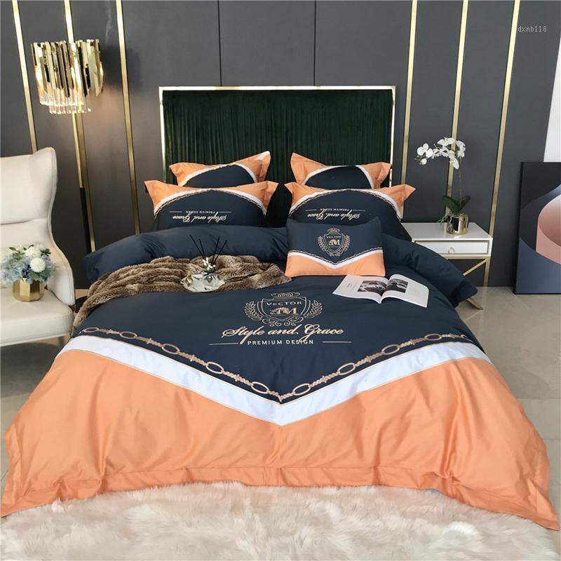 

New Luxury Gold M Embroidery Soft Satin Silk Cotton Bedding Set Orange Blue Splicing Duvet Cover Flat/Fitted Sheet Pillowcases1
