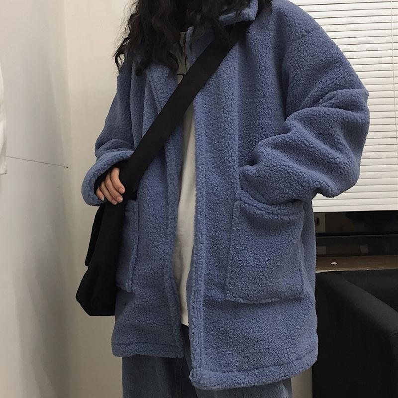 

Winter Jacket Harajuku Gothic Punk Loose Thick Double Layer Faux Lamb Wool Casual Pocket Coat Long Sleeve Women Coats Trendy, Black