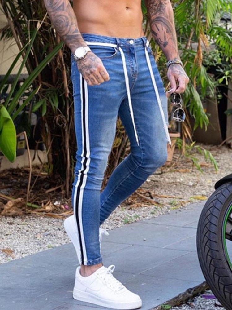 

Hot Skinny Jeans Biker Destroyed Frayed Mens Slim Denim Pants Side Stripe Pencil Pants Hip Men Hop Street Clothes, White