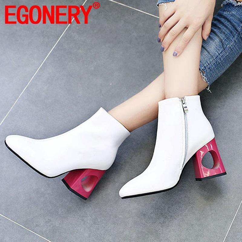 

EGONERY leather wedding shoes fashion hollow heel women's shoes sexy woman winter autumn white black rose red ankle boots1