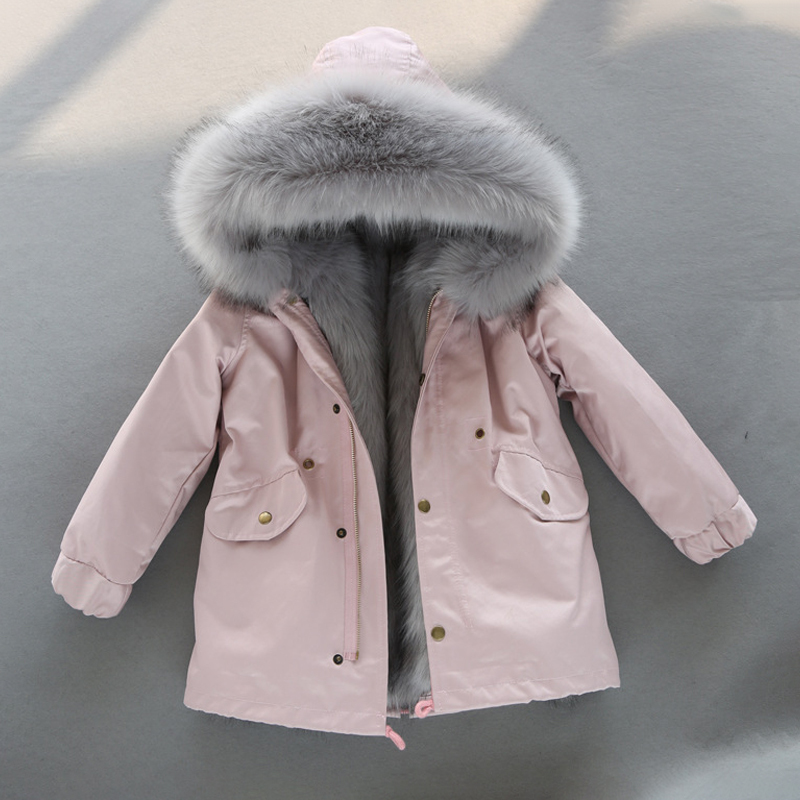 

30 Degrees Coat for Girls Hooded Fur Warm Boys Jackets Children Winter Waterproof Thick Kids Overalls Teenage Snowsuits Clothes 0930, Blue;gray