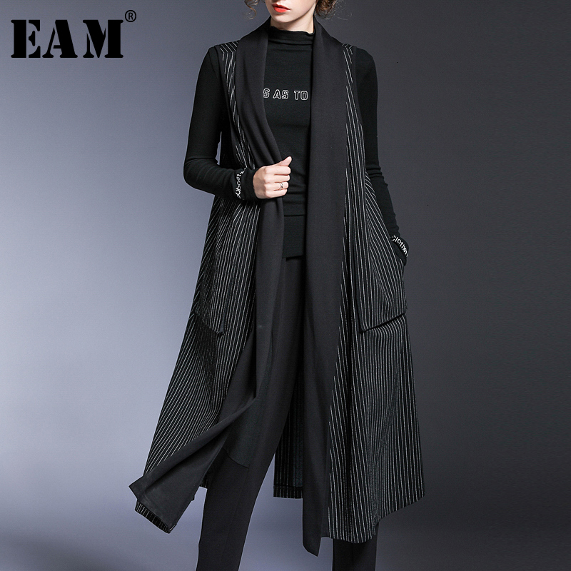 

[EAM] Women Black Striped Split Joint Big Size Long Loose Fit Vest New V-collar Sleeveless Fashion Spring Autumn 1D291 210204