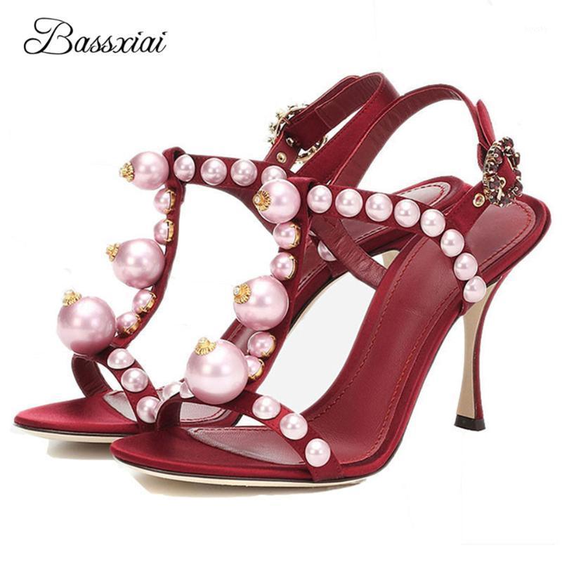 

Beading Pearl Decor T-Strap Sandals Women Summer 10cm Thin High Heels Luxury Satin Open Toe Banquet Shoes Woman1, Black