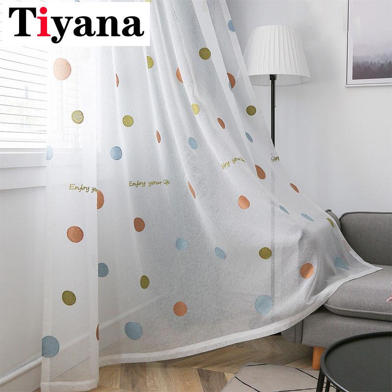 

White Embroidered Curtains for Living room Colored Dots Draperies Modern Faux Linen Window Curtain for Bedroom JK101-25, Tulle